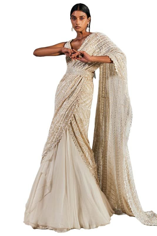 51ZUK49miPL.jpg Women's frill ruffle ready to wear saree for wedding mehandi party diwali haldi reception navratra gift. - Image 1