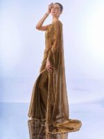 Women's Organza Lightweight Lace Work Saree With Art Silk Sequence Work Golden Unstitched Blouse Piece - Image 2