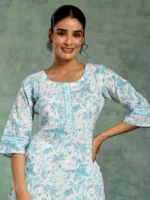 White Printed Cotton Straight Kurti - Image 2